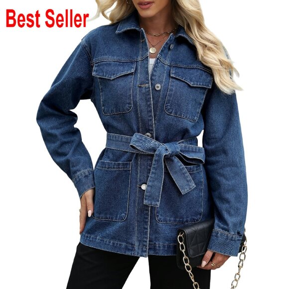 Oversized Denim Jacket Mid Long Classic Chic Trendy With Belt Pockets
